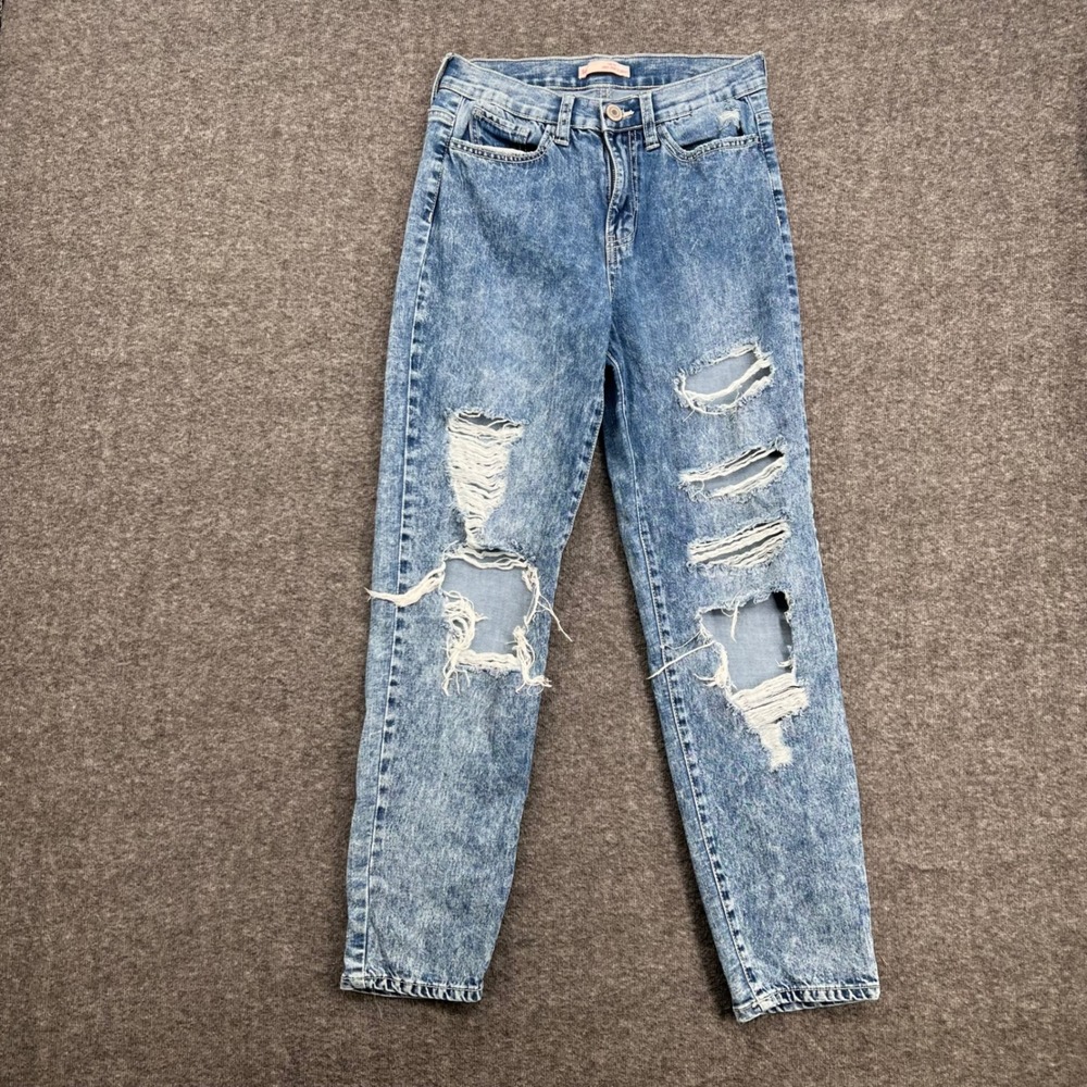 SO High Rise Mom Jeans Blue Acid Wash Distressed Shredded Size 3 26W Womens
